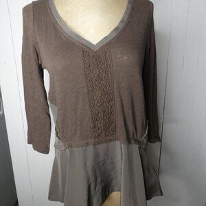 Meadow Rue Anthro Women's M Green Layered Cotton & Satin Top Embroidered